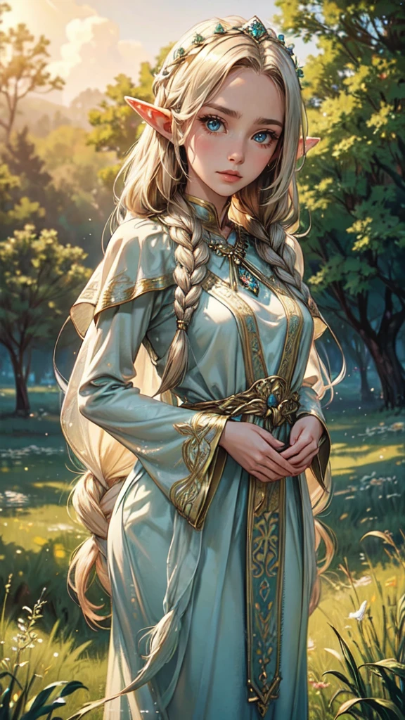 Graceful elven girl standing in meadow, Delicate face illuminated by the soft light of the setting sun. Her long, Flowing hair runs down your back, Decorated with intricate braids、Adorned with sparkling gemstones. This great photo is、、、It captures the ethereal beauty of elves. Slender figure in silk dress、Swaying in the soft steppe breeze. Attention to detail、Face that is、Face that is、Face that is、It is evident in the intricate patterns of the dress and the subtle highlights of the luminescence. skin. The breathtaking portrayal of the elven girl is、、、、Create an enchanting atmosphere、It invites the viewer to a magical world.xy pose,detailed face, detailed eyes, detailed hands, elf woman,wet, mil all over her SeaArt Bot Upsc