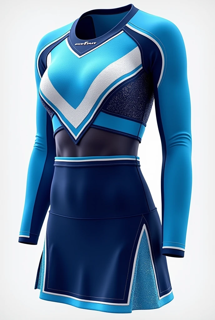 two-piece cheerleader uniform (short top and short skirt) colors: Navy blue, light blue and white
top: (short below bust) Navy blue con MANGAS LARGAS DESMONTABLES con raya azul claro, the top is round neck, with a light blue top stripe. White at the bottom of the top to print the logo, y en la parte final inferior terminación con raya azul claro y Navy blue (just a line and let the line be vertical) . Glitter on top of the top. Glitter on the bottom of the sleeves
skirt: FITTED SKIRT in a V shape at the top in light blue, el resto de la falda es Navy blue. Glitter on top of the skirt