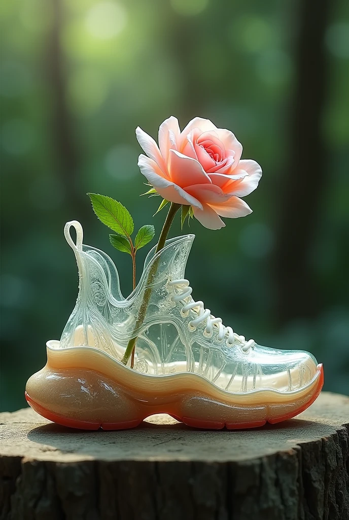 Crystal sports shoe with wooden soles, that a rose comes out inside and becomes a vase