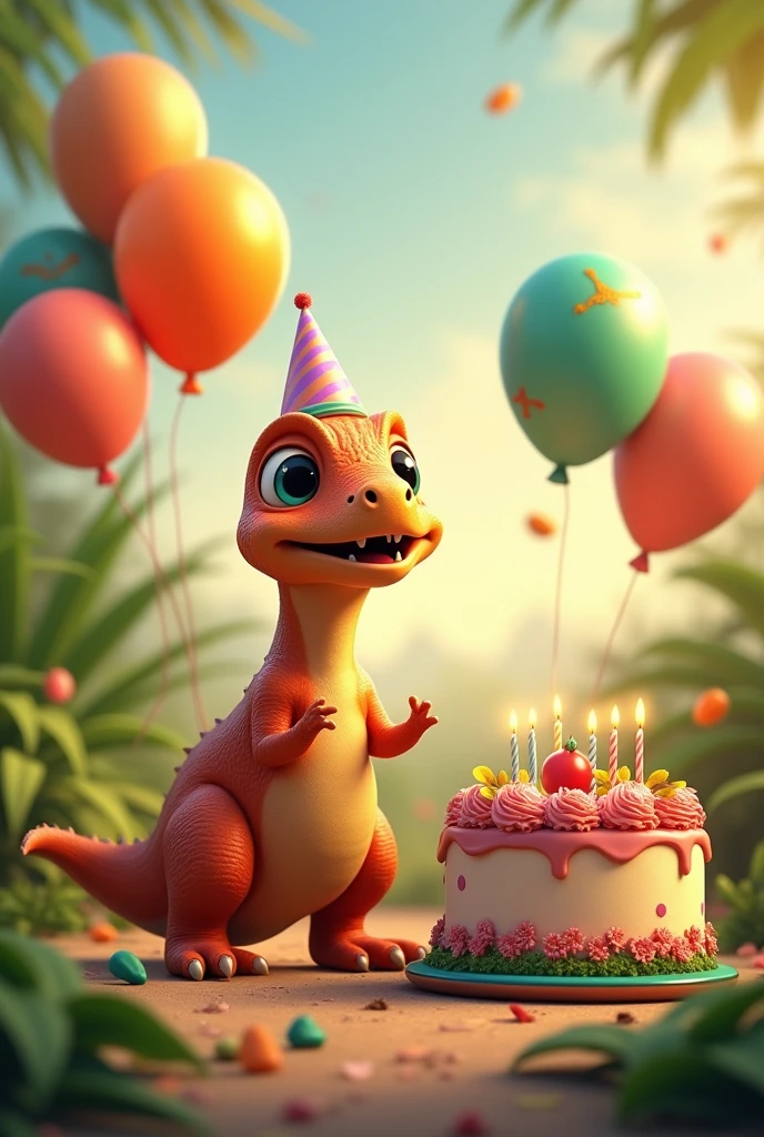 Baby dinosaur theme birthday background with balloons and cake