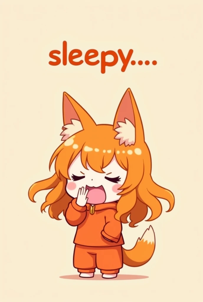 Nhân vật anime siêu đáng yêu trong trang phục deep orange, mái tóc deep orange, sleepy, Yawning and covering my mouth with five fingers, with text on top "sleepy...." deep orange, stylized font.