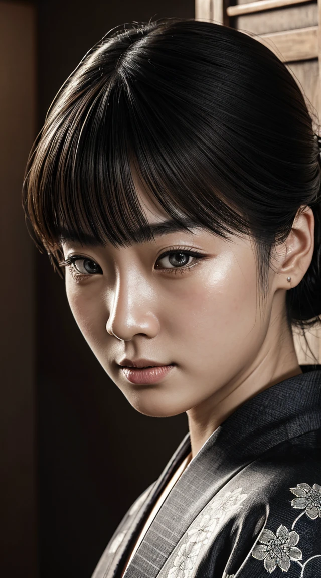 A slit-mouthed woman, extremely detailed, beautiful detailed eyes, beautiful detailed lips, extremely detailed face, long eyelashes, beautiful kimono, mysterious expression, Edo period, Japanese urban legend, photorealistic, 8K, masterpiece, ultra-detailed, (best quality:1.2), (realistic:1.37), (photo-realistic:1.37), cinematic lighting, moody lighting, dramatic shadows, muted color palette, traditional Japanese art style, highly detailed, hyper-realistic, film grain, cinematic composition