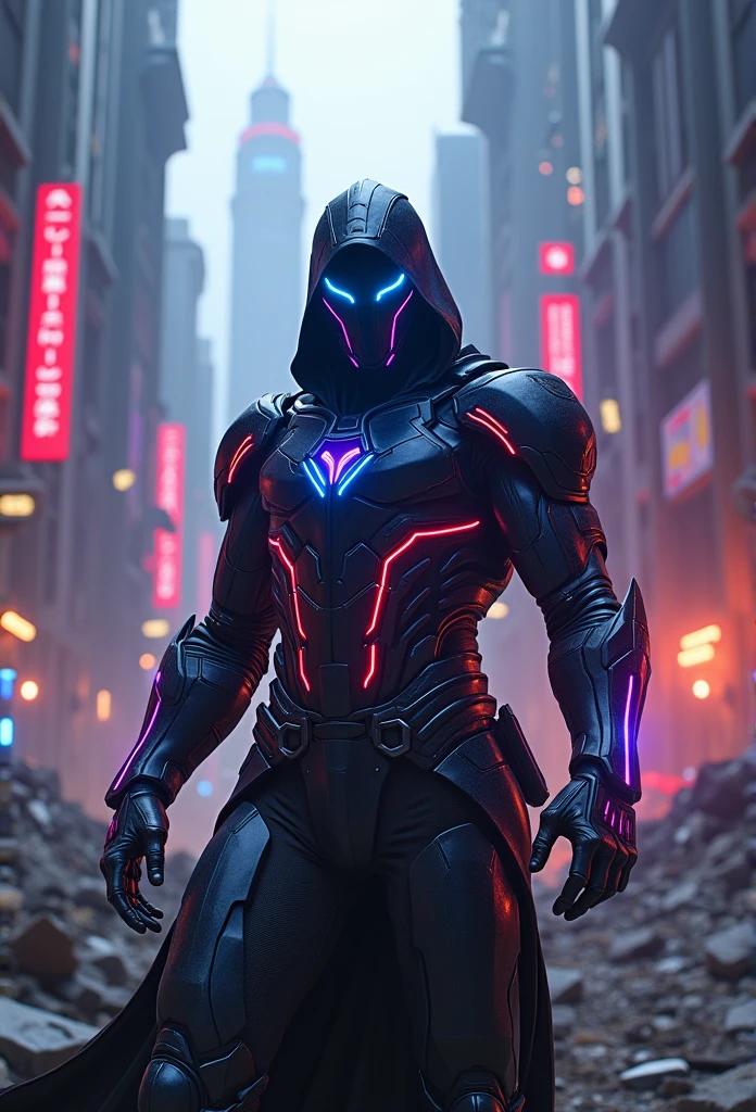 "An ultra-high definition 8K wallpaper featuring a medium shot of Grim, depicted as a menacing masked cyber-warrior. Grim is clad in sleek, highly-detailed armor made of shimmering dark metal and pulsating neon lights, reminiscent of futuristic sci-fi designs. The scene is dramatically lit with contrasting shadows and bright neon accents, emphasizing the intricate details of the armor. The background showcases a ruined futuristic city with towering structures and flying debris, creating a dynamic, high-energy atmosphere. The image is rich in detail, featuring a dramatic theme and vibrant colors of electric blue, deep purple, and intense red, contributing to an overall sense of futuristic turmoil and conflict."