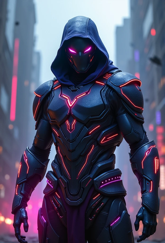 "An ultra-high definition 8K wallpaper featuring a medium shot of Grim, depicted as a menacing masked cyber-warrior. Grim is clad in sleek, highly-detailed armor made of shimmering dark metal and pulsating neon lights, reminiscent of futuristic sci-fi designs. The scene is dramatically lit with contrasting shadows and bright neon accents, emphasizing the intricate details of the armor. The background showcases a ruined futuristic city with towering structures and flying debris, creating a dynamic, high-energy atmosphere. The image is rich in detail, featuring a dramatic theme and vibrant colors of electric blue, deep purple, and intense red, contributing to an overall sense of futuristic turmoil and conflict."