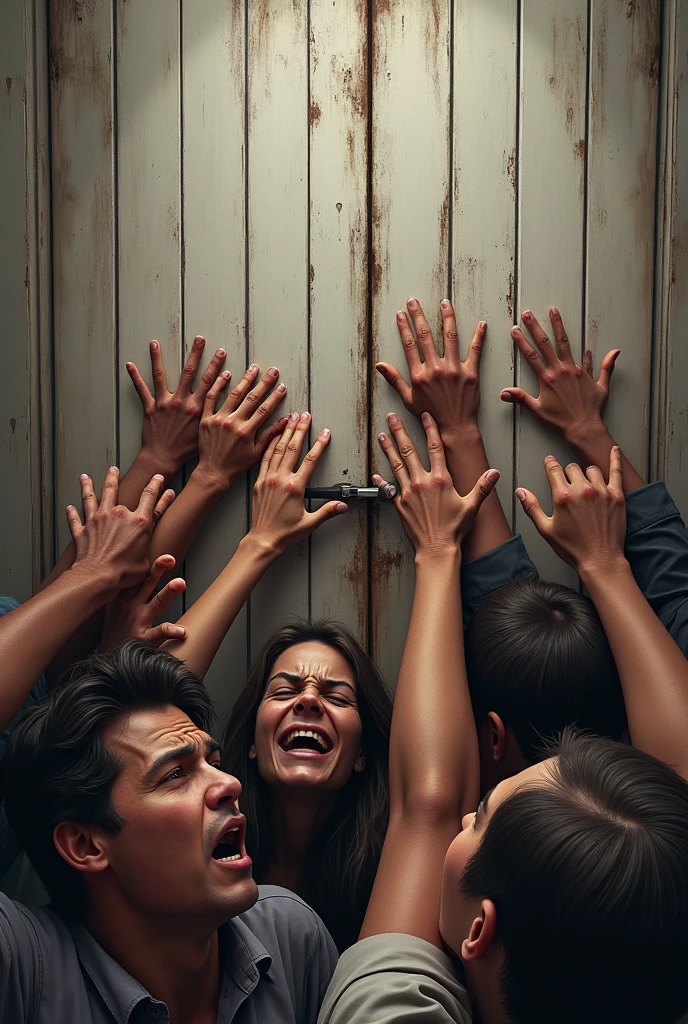 Creating a group of desperate men, women and young people looking,knocking and calling at a full wooden door, white,narrow, that is closed
