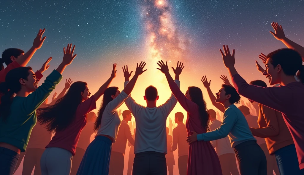 A person surrounded by a diverse group of people, all smiling and holding hands under a radiant, star-filled sky. The scene reflects a sense of community and shared harmony. -ar 16:9
