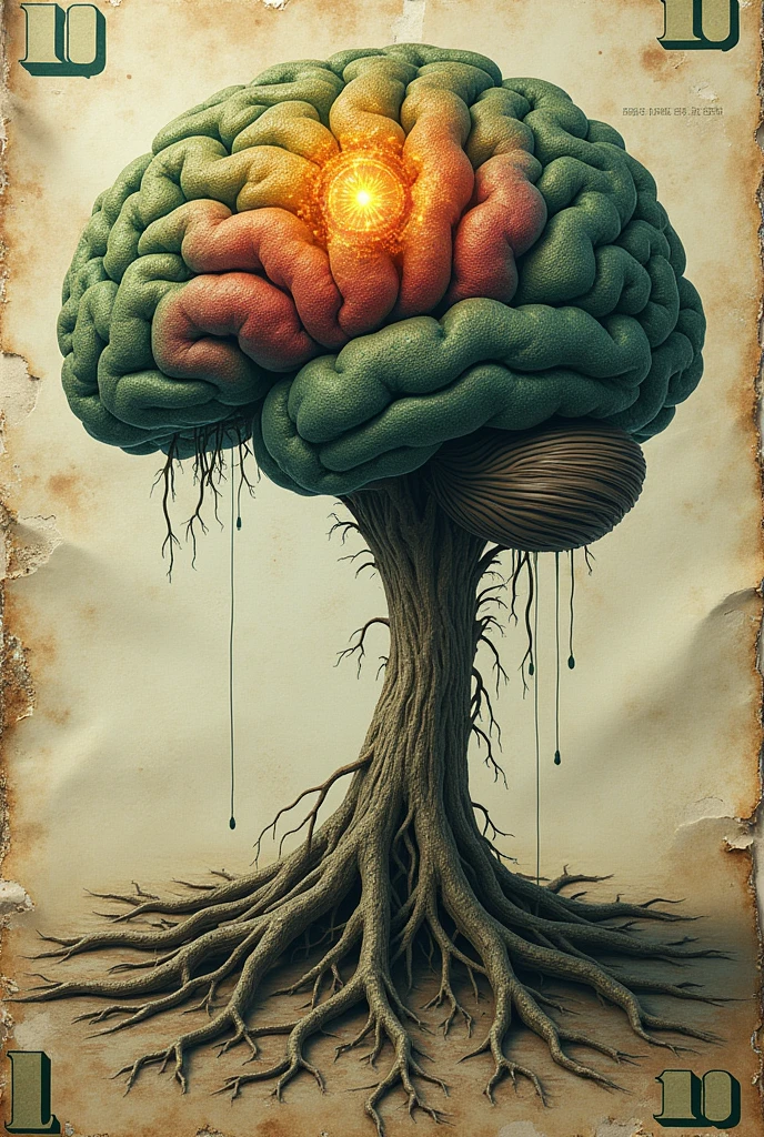 Imagine a tree growing from a large bill of money that is rotten and torn. The roots of the tree are intertwined with the deteriorated pieces of the note, suggesting a materialistic origin. The trunk is robust, symbolizing the strength needed to overcome material decay. The treetop is represented by a brain, indicating detachment from the material and intellectual growth. This brain in the canopy is full of life and energy, symbolizing wisdom, learning and the overcoming of material value by knowledge.