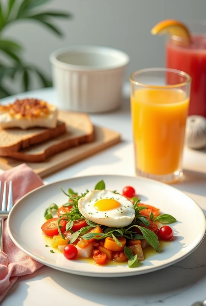 Nice table setting with ,Orange juice, porched egg on vegetables. Accompanied by Tom brown with toasted wheat bread. Wash down with tea. fish sandwich with watermelon drink as snack.
