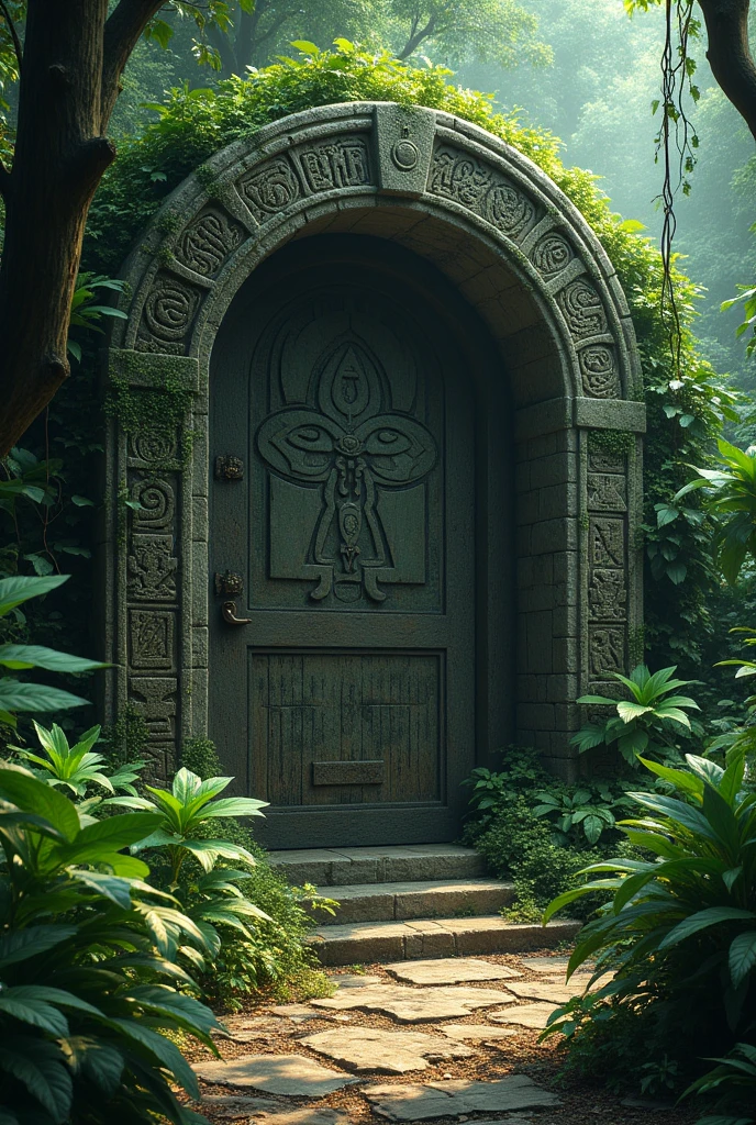 10. An ancient portal hidden in the jungle, carved with enigmatic symbols and surrounded by lush vegetation.