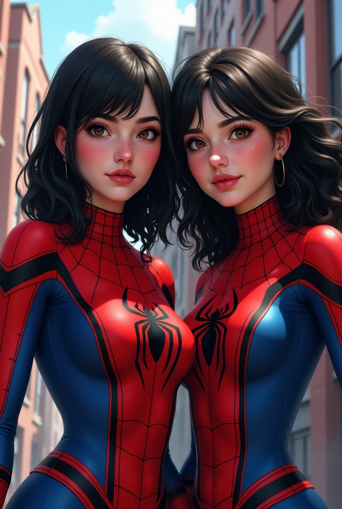 A comic book style “realistic” image
from the Marvel Universe. two women, a woman of , white skin and freckles on the face. Hair must be black, with bangs and shoulder length, Replicated. Brown eyes not so big and wearing the Spiderman suit. full mouth. The second woman with black skin, curly hair down to the back, nose not so big and not so small, small mouth, and dressed as Spiderman too.