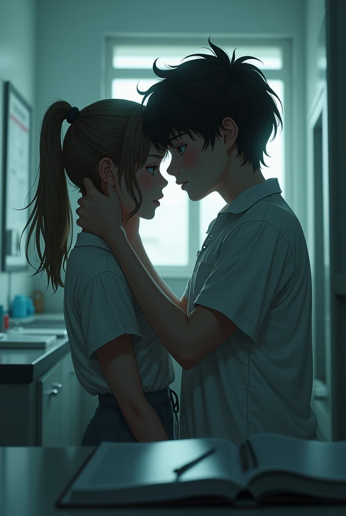A picture having medicine book placed aside and a girl and boy having sex in hospital