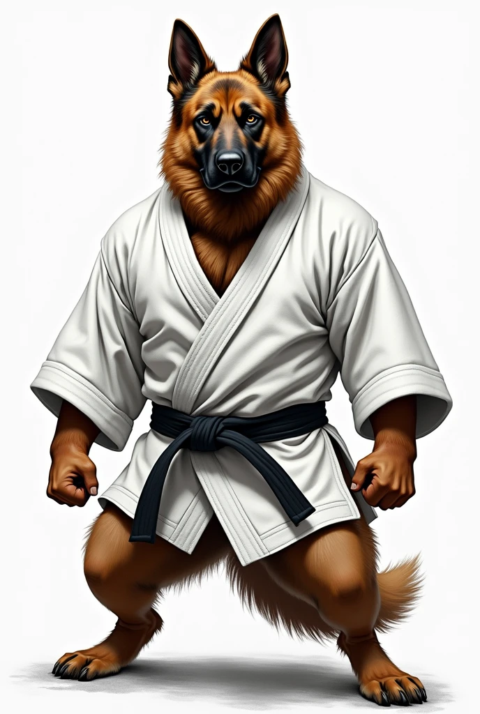 German Shepherd dog with a white kimono, black belt in jiu jitsu, angry, drawing style
