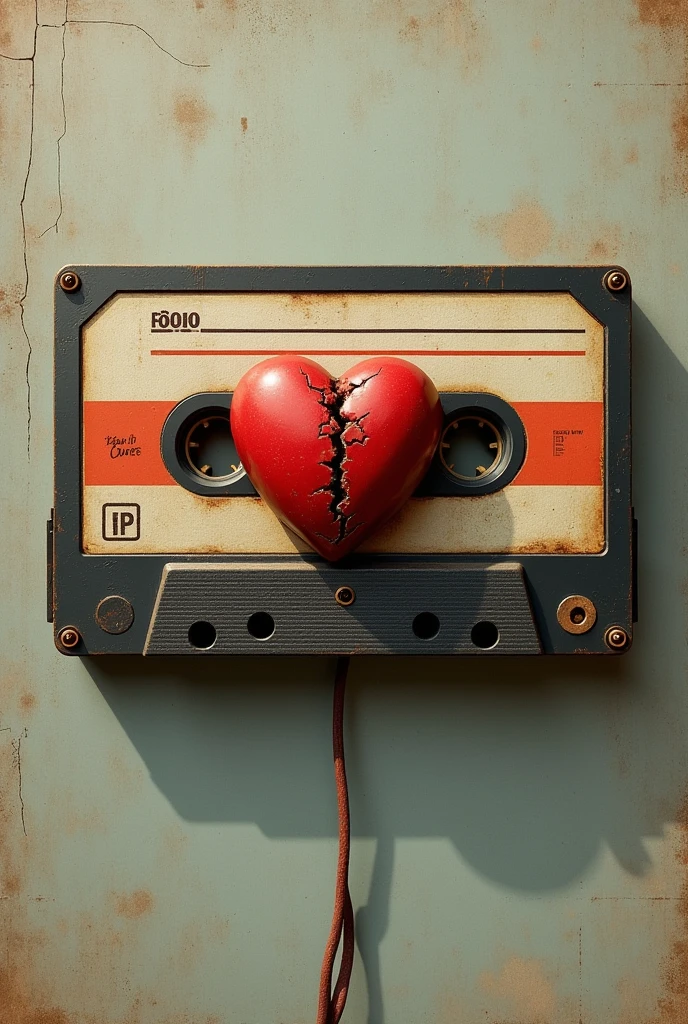 create a broken heart in the shape of a cassette, vintage retro