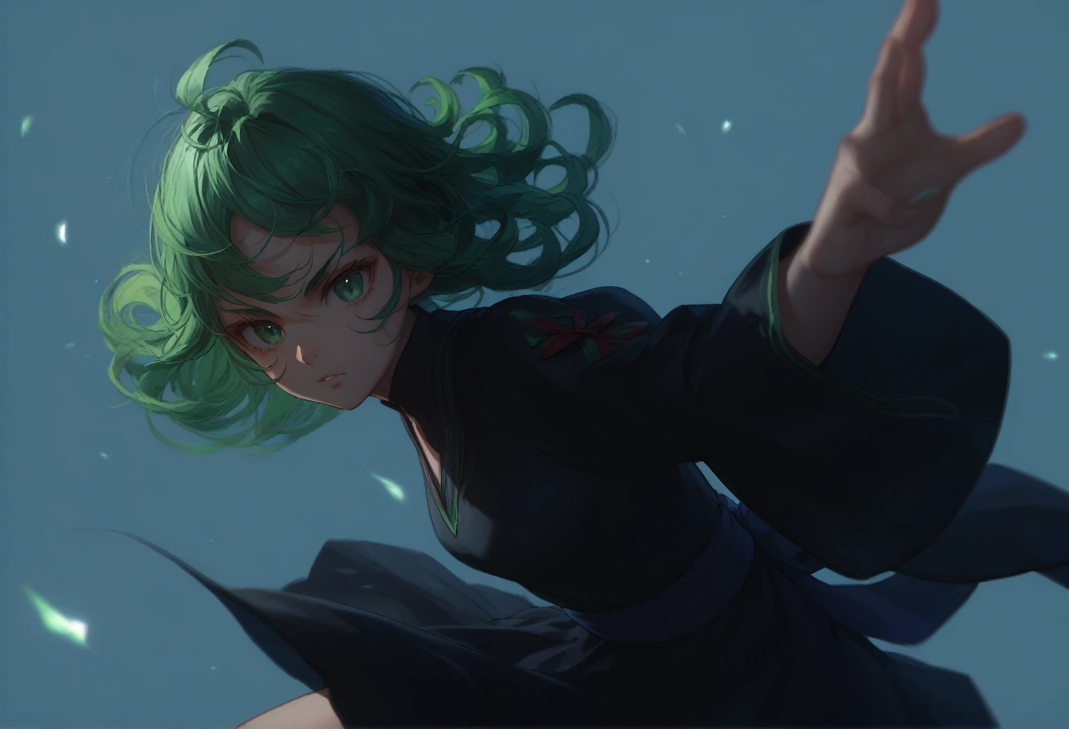 masterpiece, best quality, 1girl, tatumaki, green hair, green eyes, epic pose, fighting pose, simple background, black dress