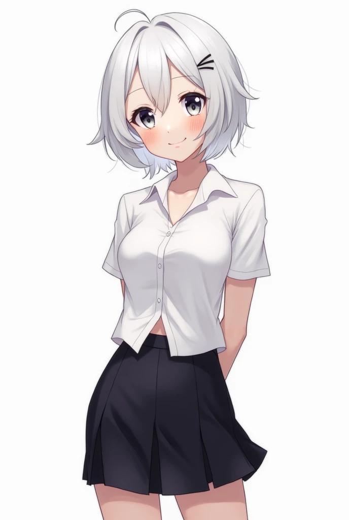 ((masterpiece, best quality)), (1girl), (solo), (female focus), (ahoge, white hair, short hair), black eyes, light smile, open mouth, ((white shirt), (buttoned shirt), (button gap)), ((black skirt), (short skirt)), standing, white background, arms behind back, dynamic angle