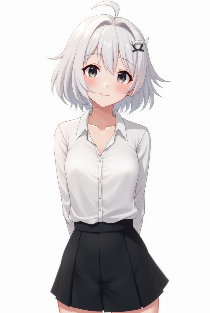 ((masterpiece, best quality)), (1girl), (solo), (female focus), (ahoge, white hair, short hair), black eyes, light smile, open mouth, ((white shirt), (buttoned shirt), (button gap)), ((black skirt), (short skirt)), standing, white background, arms behind back, dynamic angle