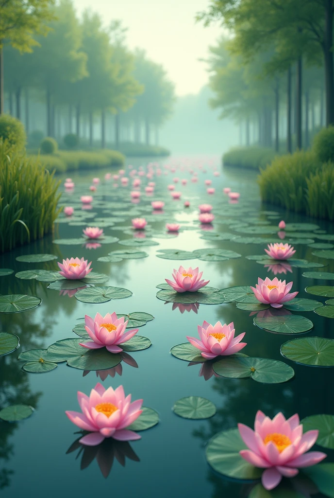 Many lotus focus flowers are blooming in the flowing river