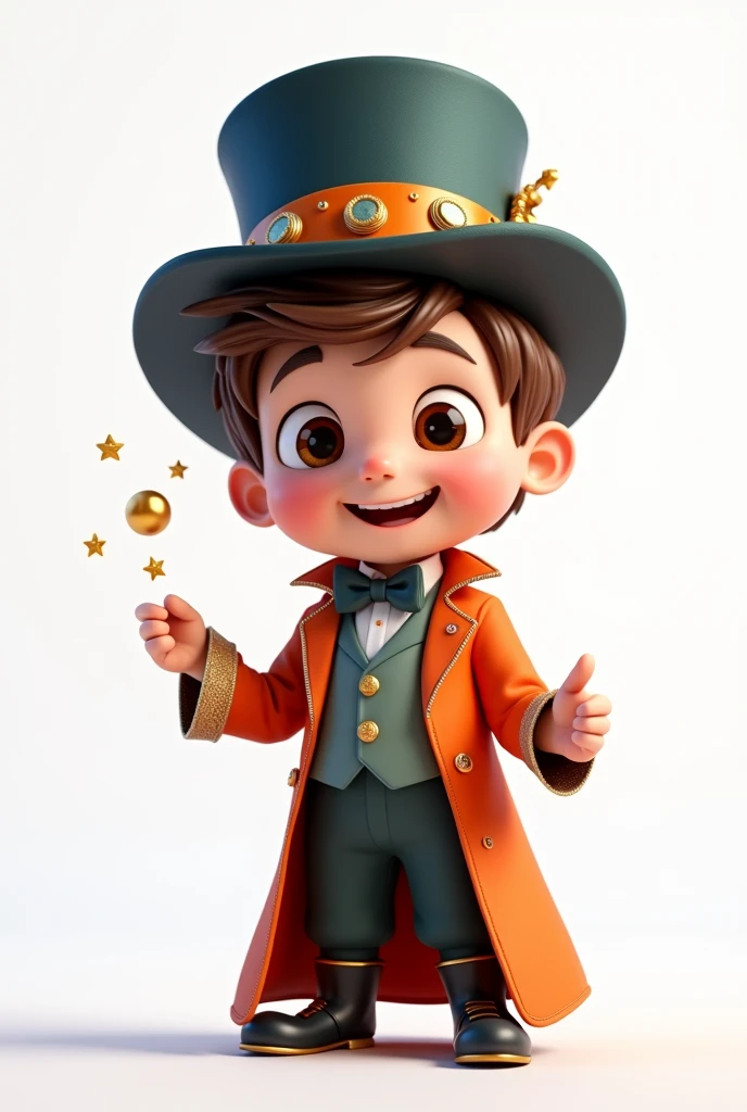 A happy, cute boy with short brown hair, wearing a magician costume, white background, Pixar Style, 3d, cartoon, detailed, asymmetrical face