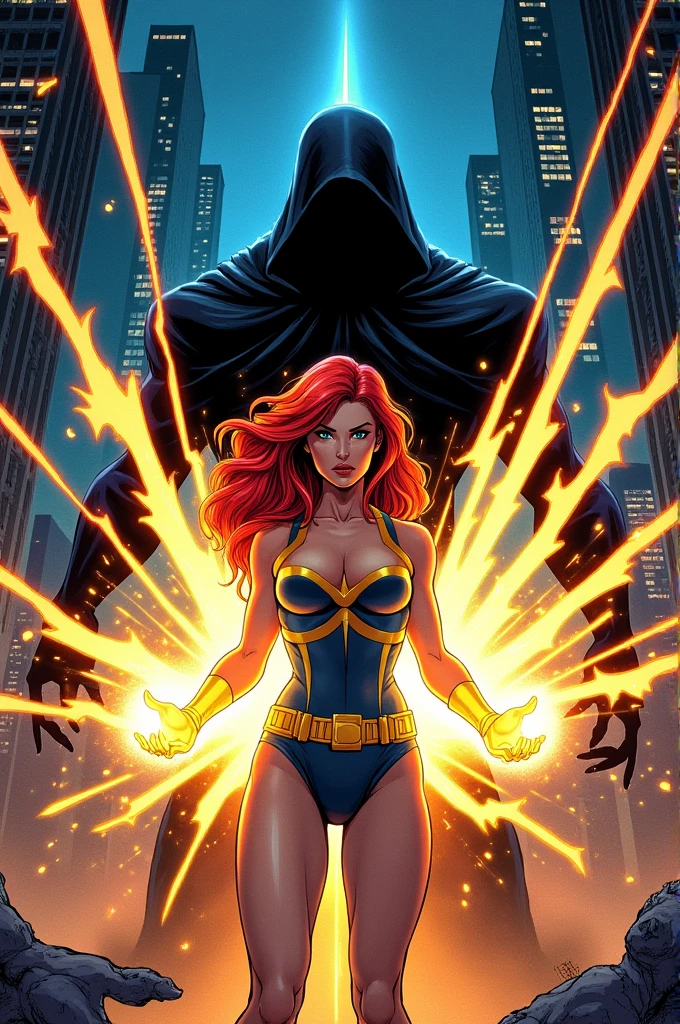 Generate an image of a comic book cover in the style of the 80s, where the superhero is a woman and her power is light and her hair color is red, and the villain is darkness, and let the name of the comic be light and shadow