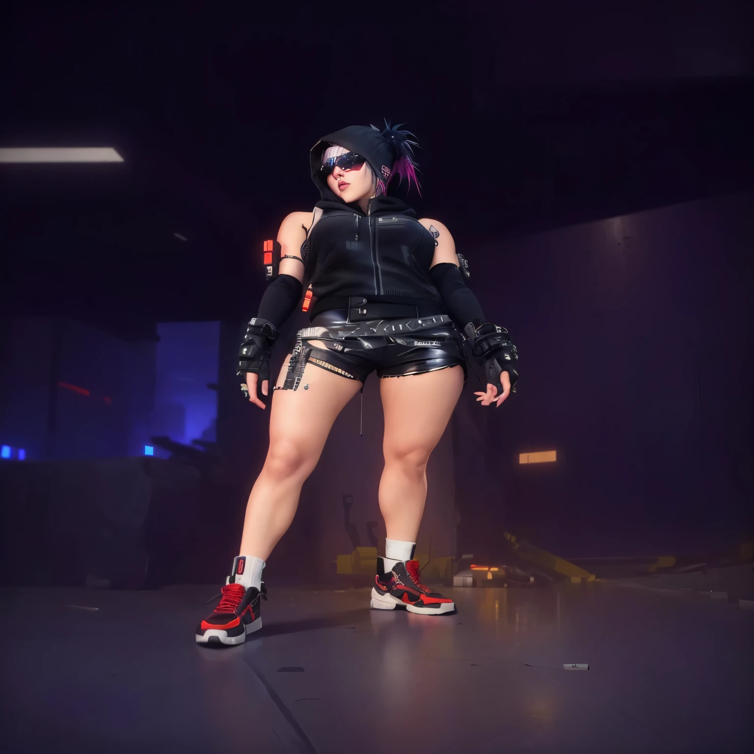 arafed woman in a black top and shorts with a hood on, mechanic punk outfit, leeloo outfit, cyberpunk outfit, cyberpunk style outfit, female outfit, lunar themed attire, ninja outfit, punk outfit, wearing a punk outfit, cyber punk setting, an edgy  assassin, aeon flux style, style of mirror\'s edge, tifa