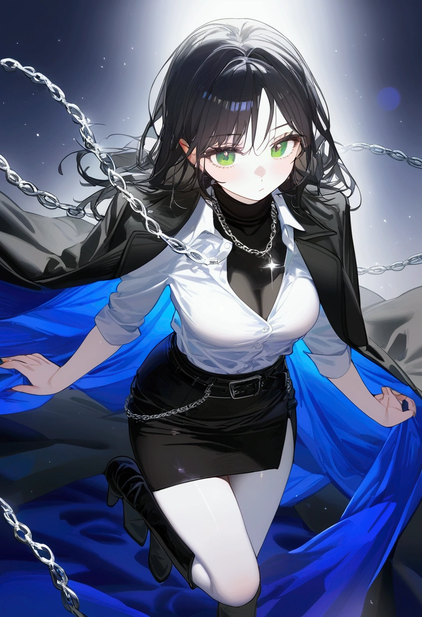 1girl, actress, black hair, green eyes, pale skin. A black turtleneck is tucked under a black skirt with a belt, a silver chain is around her neck, and an unbuttoned white shirt is draped over her shoulders. black heeled boots.