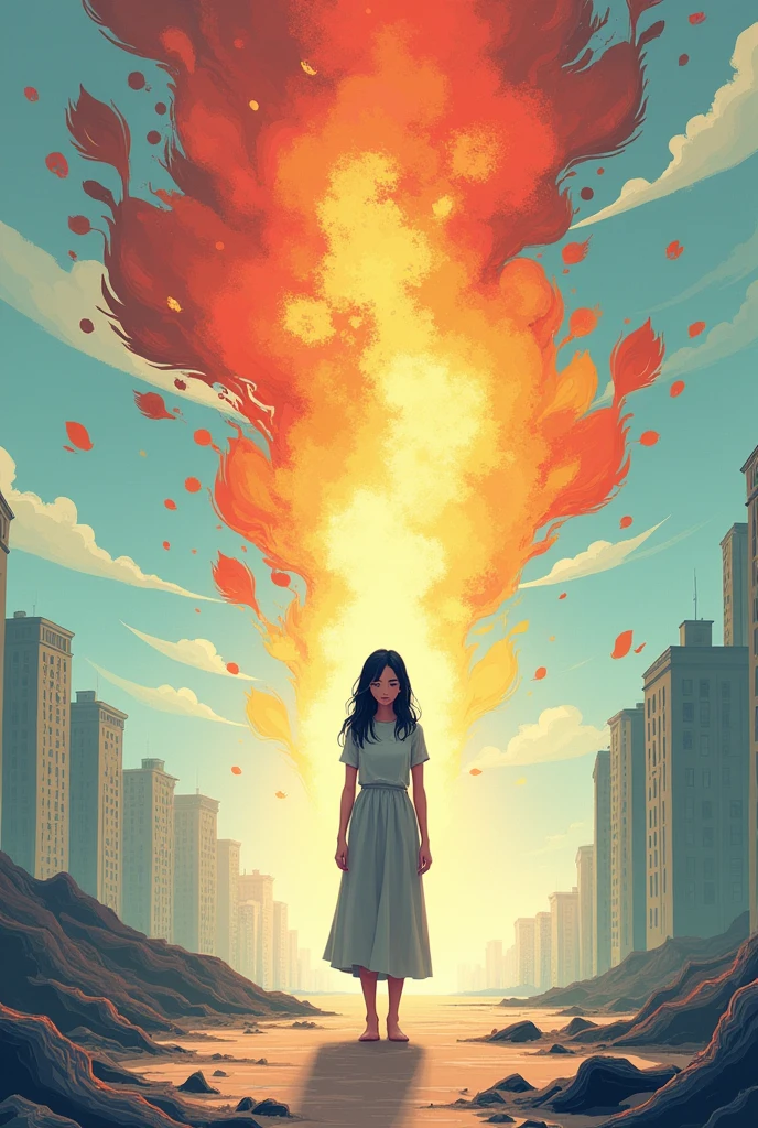 a woman who transformed after she met art, she was very shy, very sad and anxious, after she met art her life changed completely. Art and life. Flat illustration