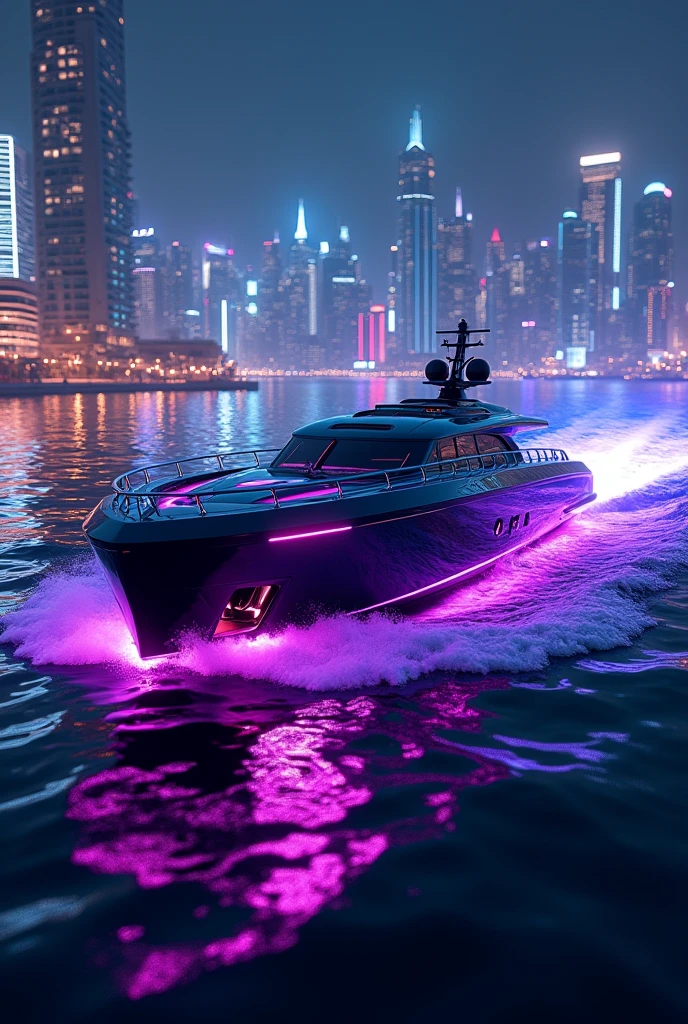 A sleek, ultra-modern yacht glides through the shimmering waters of a vibrant, neon-lit city at night. The yacht is illuminated by glowing purple and blue lights that highlight its futuristic design and sharp angles. The reflections of the city lights dance on the water, creating a dazzling effect as the yacht cuts through the waves. The background showcases a bustling cityscape with towering skyscrapers, their lights twinkling against the night sky, adding to the luxurious and high-tech atmosphere. The overall scene exudes a sense of opulence, sophistication, and cutting-edge technology. ((UHD:1.5)), ((4K:1.5)), ((masterpiece:1.6)), ((futuristic:1.4)), ((luxury yacht:1.4)), ((neon lights:1.3)), by Syd Mead, Scott Robertson, Vitaly Bulgarov.