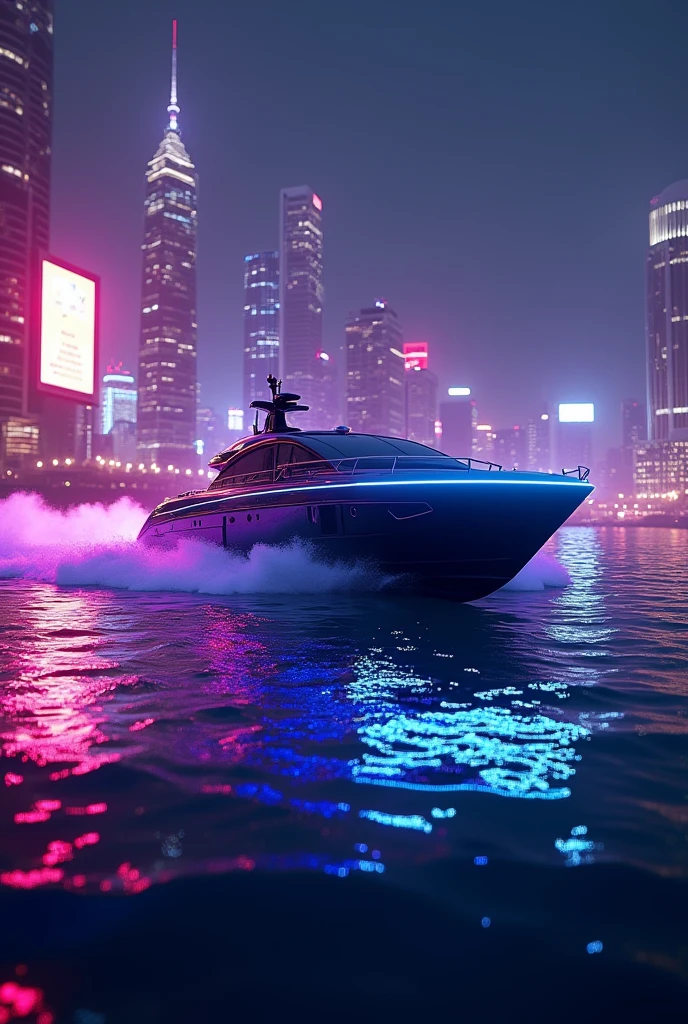 A sleek, ultra-modern yacht glides through the shimmering waters of a vibrant, neon-lit city at night. The yacht is illuminated by glowing purple and blue lights that highlight its futuristic design and sharp angles. The reflections of the city lights dance on the water, creating a dazzling effect as the yacht cuts through the waves. The background showcases a bustling cityscape with towering skyscrapers, their lights twinkling against the night sky, adding to the luxurious and high-tech atmosphere. The overall scene exudes a sense of opulence, sophistication, and cutting-edge technology. ((UHD:1.5)), ((4K:1.5)), ((masterpiece:1.6)), ((futuristic:1.4)), ((luxury yacht:1.4)), ((neon lights:1.3)), by Syd Mead, Scott Robertson, Vitaly Bulgarov.