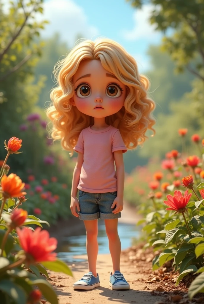 Princess Disney-style, high detailed, create a girl, 10 years old, with blonde curly hair, hazel eyes, wearing a light pink T-shirt, short jeans and blue shoes. A sunny afternoon in a once-vibrant garden. The girl stands among drooping flowers and brown leaves. The stream that usually flows through the garden is dry, and she looks concerned as she realizes something is wrong. The garden, usually full of life, now appears sad and withered under the bright sky. 3D Illustration Animation, Pixar style.