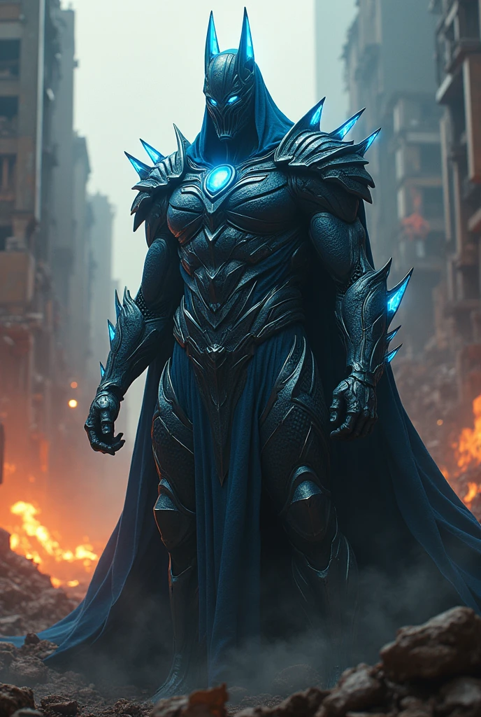 "An ultra-high definition 8K wallpaper featuring a medium shot of Grim, portrayed as a terrifying masked krystal supervillain. Grim is clad in intricately textured, glowing armor made of ethereal space fog, reminiscent of Marvel's high-detail costumes. The scene is dramatically lit, highlighting the fine details of the armor. The background is filled with a chaotic scene of a colossal mud monster and destroyed buildings, creating a vivid, action-packed atmosphere. The image boasts intricate details, a dramatic theme, and an overall sense of intense, high-stakes conflict."