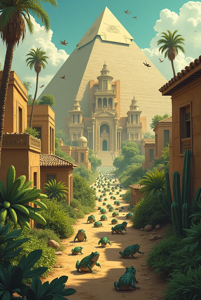 2. Frogs invading Egypt: Draw frogs by jumping everywhere, in the houses, in the fields and even in Pharaoh's palace.