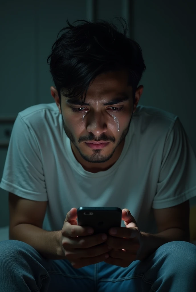 man crying in front of his cell phone after being rejected I want him to cry tears