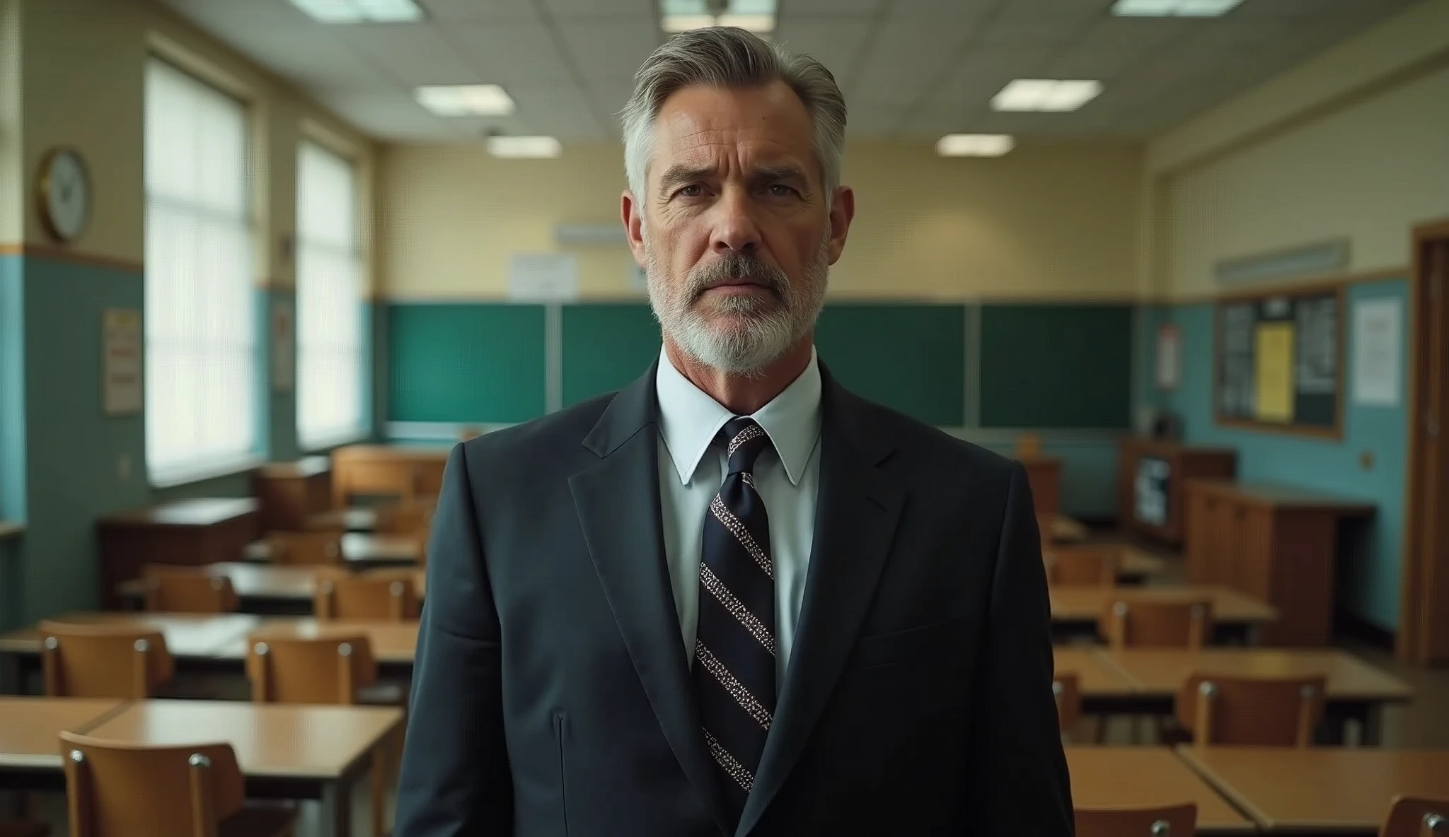 A school principal, looking like Austin Butler, in his 40s, he stands serious, in the background is a high school classroom.