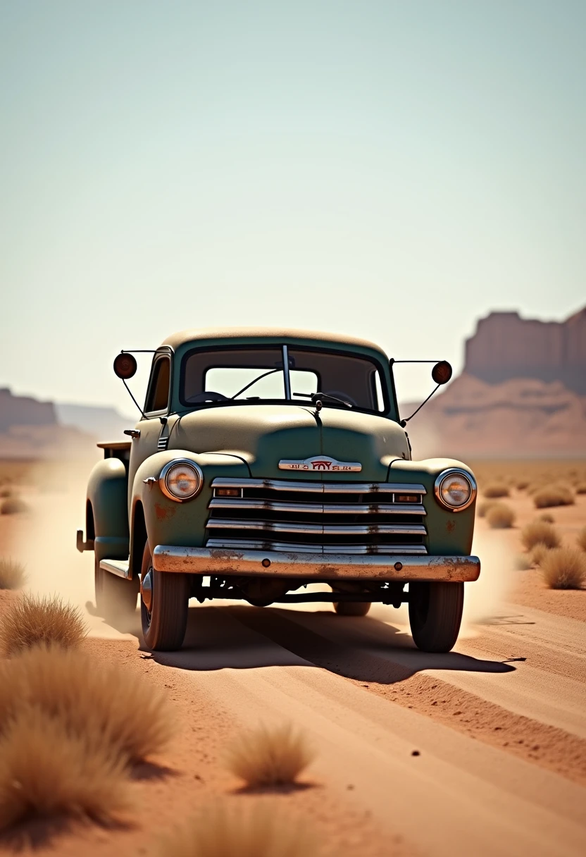 Old tuned pick up truck with on a desert highway