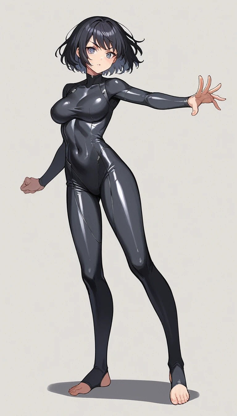1girl, adult, perfect face, perfect eyes, perfect hands, intricate details, score_9, score_8_up, score_7_up, rating_safe, source_anime, sketch, shiny black hair, medium length hair, sharp eyes, large breast, slim body, hourglass figure, bare feet, spandex suit, full body design, traditional style, greyscale, unorthodox pose, fighting stance, standing