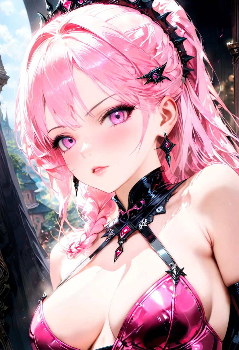 ((anime art: 1.5)), RPG art, Dark fantasy anime art, comic portrait  pin up picture of Barbie as a dominatrix queen (best details, Masterpiece, best quality :1.5), ultra detailed face (best details, Masterpiece, best quality :1.5), ultra feminine (best details, Masterpiece, best quality :1.5), wearing latex pink mini dress, pink stockings, pink high heels, long braided hair, hair pulled back, blond hair, dynamic background (best details, Masterpiece, best quality :1.5), ultra best realistic pictures , best details, best quality, 16k, [ultra detailed], masterpiece, best quality, (extremely detailed), ultra wide shot, photorealism, depth of field, hyper realistic painting, rpg portrait, Dark Fantasy page