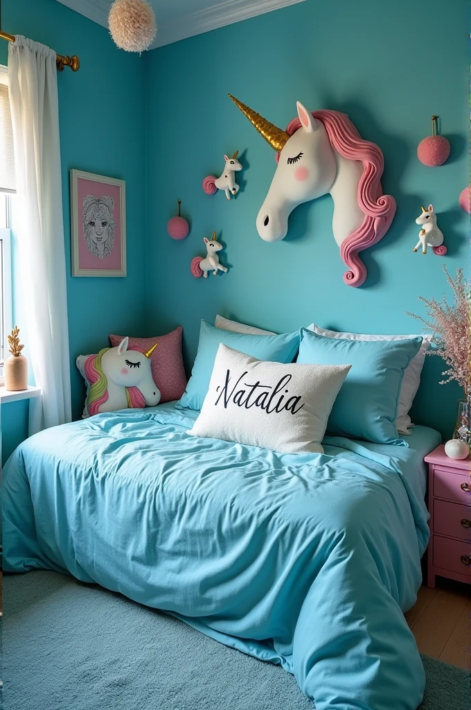 Create a cyan blue room with unicorn decorations with a pillow written on it "Natalia"
