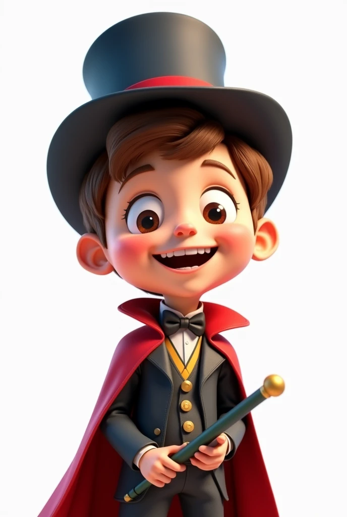 A happy and cute boy with short brown hair, wearing a magician's costume, white background, Pixar-style, 3d, Cartoon s, face detailed, asymmetric