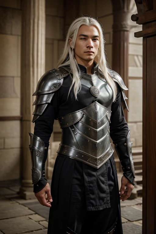 Half body of a young man with long wavy white hair, black armor. Asian race, The armor is intricately designed with detailed patterns, covering the shoulders and chest.and a hood. He has a calmness, confident expression on his face, with a soft gaze that looks slightly to one side. the background is blurred, suggesting an ancient or mystical setting, possibly ruins or an ancient stone structure.