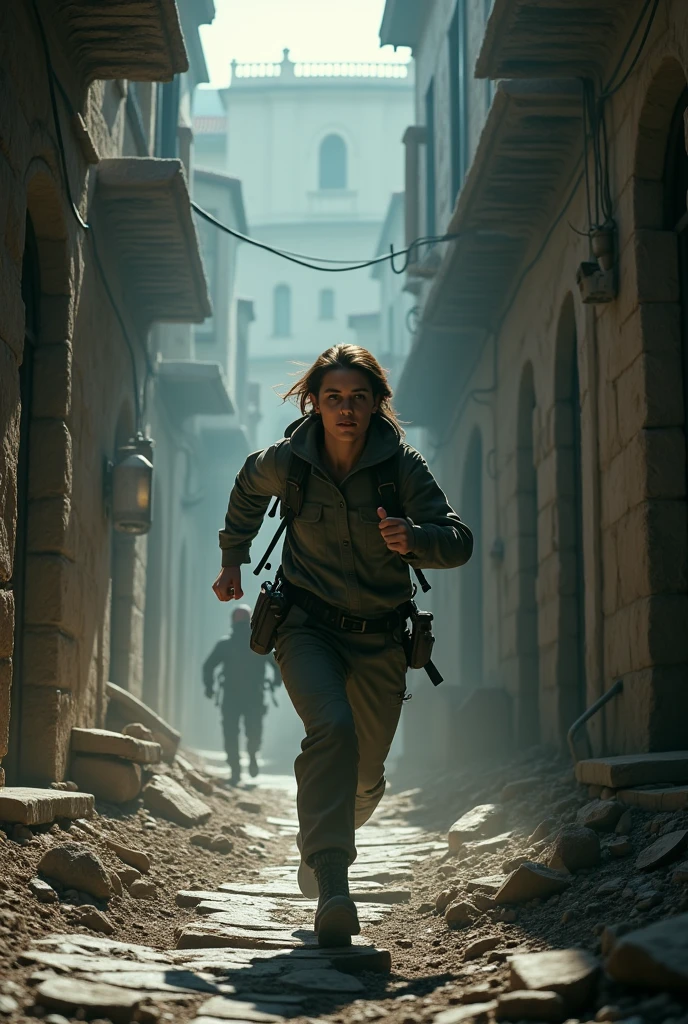 11. A researcher running through a narrow alleyway in the lost city, chased by ominous shadows.