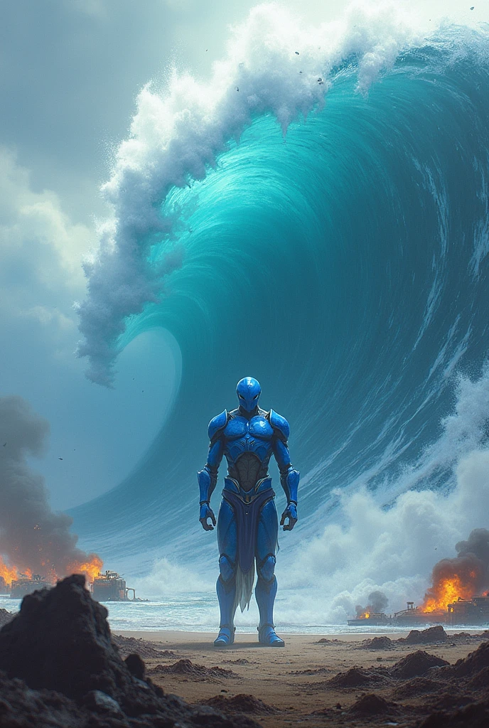 Weak blue-armored warrior with a weak blue closed helmet creating a tsunami on the battlefield 