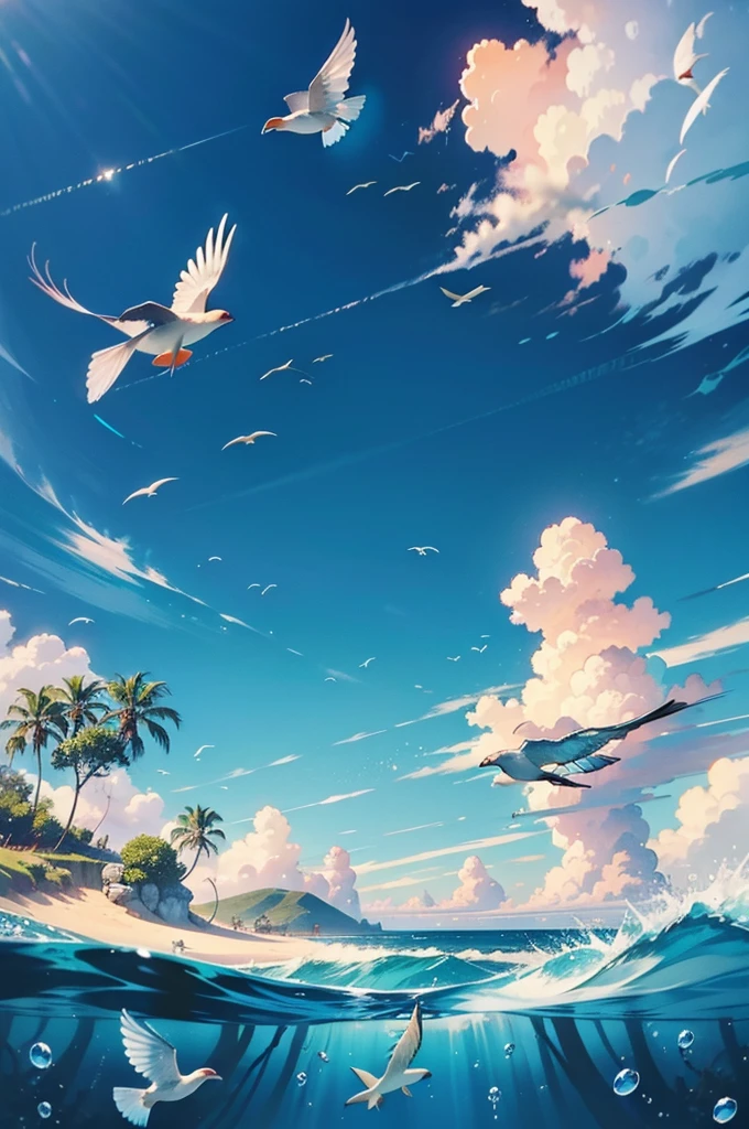 Create spectacular realistic art of fish swimming in the air and birds flying in the water. Speech bubbles around the fish and birds say “freedom” and “democracy.” The background could be a surrealistic landscape with inverted elements of nature.