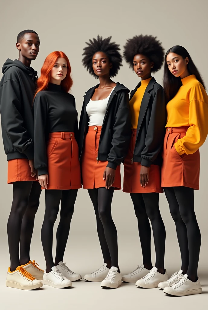 Make me different people with different colored shirts but they all have to wear , Brick-colored skirt to mid-thigh, Black medias up to the waist, white tennis shoes and a black cloth jacket