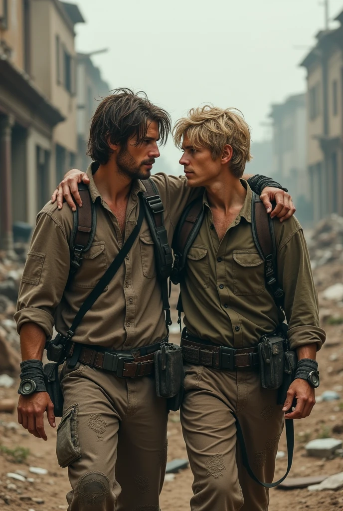 Create a brown-haired young man with a blonde-haired young man beside him in a post-apocalyptic world.