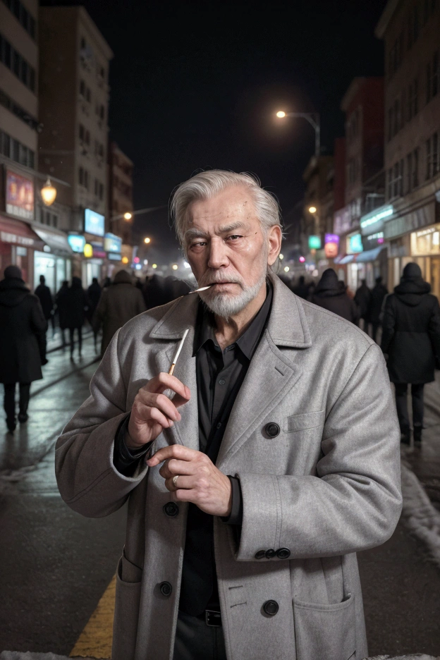 Highest quality, masterpiece, Ultra-high resolution, hard boiled,Late night city,50Old Man,Lots of beards,Smoking a short cigarette,Upper Body,cyber punk,Neon Town,Short hair with streaks of gray,Wearing a coat,Original photo,It's snowing a little,There is a sigh,Supermodel,