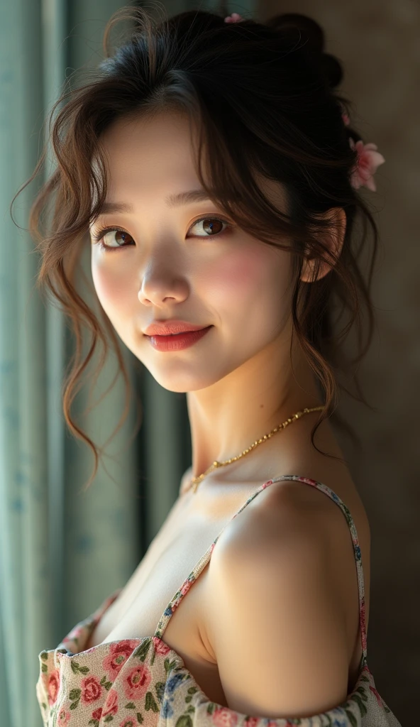 Breathtaking cinematic photo of a 21 year old girl, south korean asian girl named Lee Hae-hyun with brown hair and brown eyes, happy, cheerful expression, closed mouth, beautiful lips, intricate details, shallow depth of field, highly detailed, high budget, epic Hollywood film, gorgeous, masterpiece, award-winning, professional, highly detailed, detailed skin texture, (blush: 0.5), (goosebumps: 0.5). (the most beautiful woman in the world) (brown hair) (short curly hair, wild hair, stylish cut) thin face, thin nose, beautiful, very beautiful, perfect face, slender body (slender), (brown hair) (brown eyes ) (white skin) Beautiful body, western face, predatory eyes, pink lips, thick thighs. full body, western beauty, thin nose, beautiful, perfect, ((best quality)), ((ultra resolution)), ((photorealistic: 1.4)), (intricate details), perfect face, makeup: 1.5 , clear face, facial details. front view ((uniform, tactical costume, agent costume, spy))