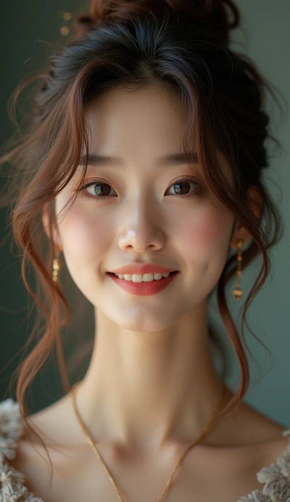 Breathtaking cinematic photo of a 21 year old girl, south korean asian girl named Lee Hae-hyun with brown hair and brown eyes, happy, cheerful expression, closed mouth, beautiful lips, intricate details, shallow depth of field, highly detailed, high budget, epic Hollywood film, gorgeous, masterpiece, award-winning, professional, highly detailed, detailed skin texture, (blush: 0.5), (goosebumps: 0.5). (the most beautiful woman in the world) (brown hair) (short curly hair, wild hair, stylish cut) thin face, thin nose, beautiful, very beautiful, perfect face, slender body (slender), (brown hair) (brown eyes ) (white skin) Beautiful body, western face, predatory eyes, pink lips, thick thighs. full body, western beauty, thin nose, beautiful, perfect, ((best quality)), ((ultra resolution)), ((photorealistic: 1.4)), (intricate details), perfect face, makeup: 1.5 , clear face, facial details. front view ((uniform, tactical costume, agent costume, spy))