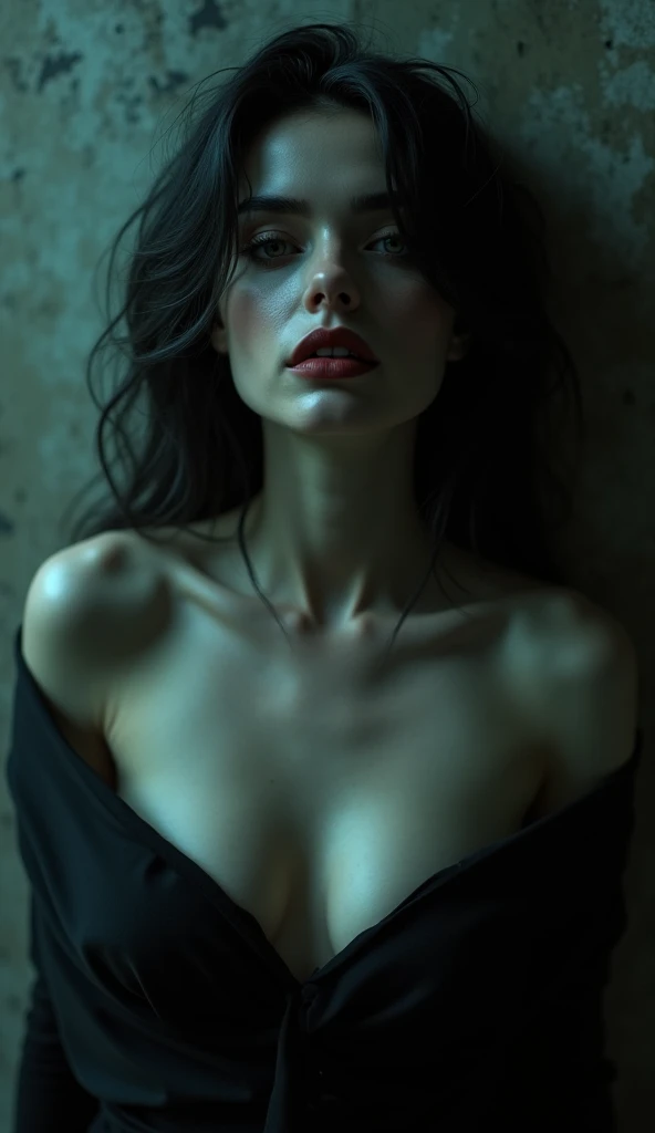 Horror-style woman, sexly, with a James Wan-style background