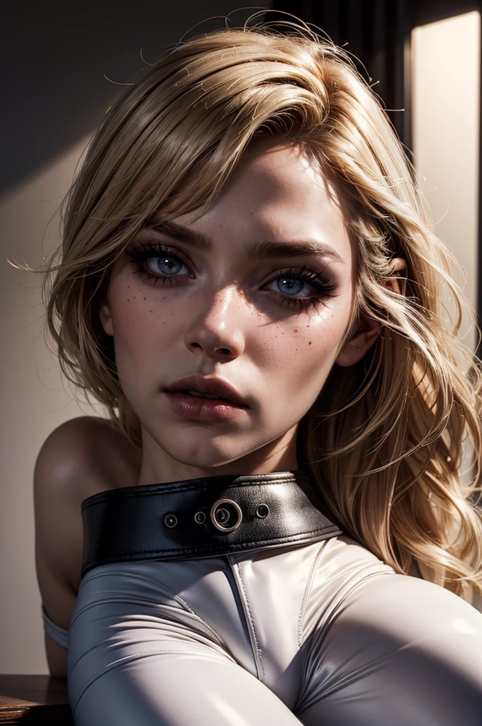 cowboy shot,a pretty 21 year old girl,blond hair,lora_Emma,slim athletic body,tight and stretched white blouse with buttons,button gap,short sleeves,black leather pants,metal belt,empty studio,slightly exposed midriff,(best quality,4k,8k,highres,masterpiece:1.2),ultra-detailed,(realistic,photorealistic,photo-realistic:1.37),dramatic lighting,cinematic,fashion photography,studio lighting,high contrast,vivid colors,beautiful detailed eyes,beautiful detailed lips,extremely detailed eyes and face,long eyelashes, touching hair