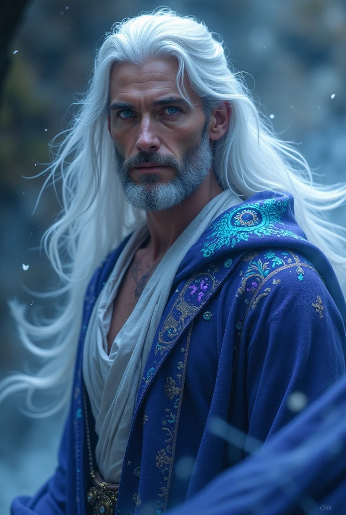 I want images of a of . He has long silver hair, that fall in gentle waves. Your eyes are deep blue, almost as if they reflected the night sky. He wears flowing robes, adorned with magical symbols and vibrant colors, like blue and purple.
